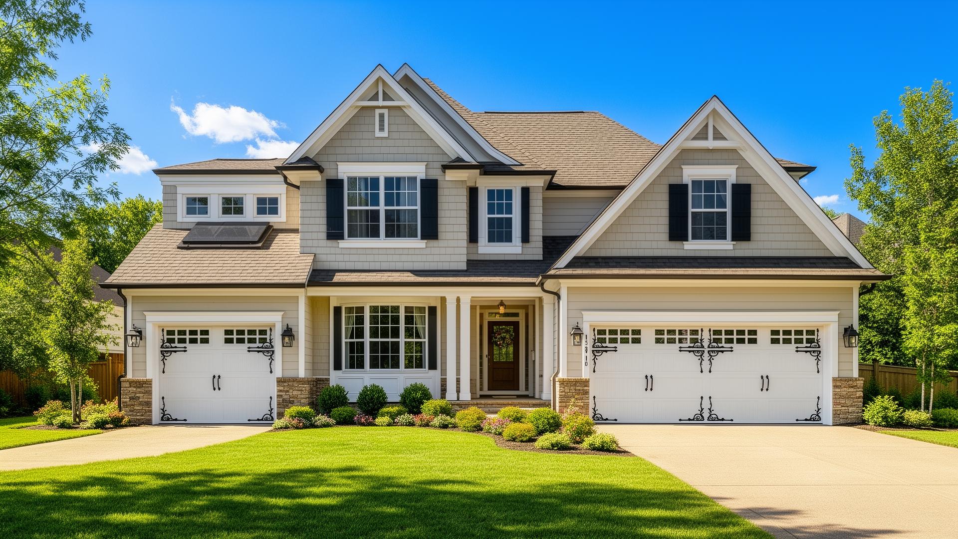 Beautiful two-story home with classic carriage house garage doors featuring decorative black iron hardware in West Jefferson NC